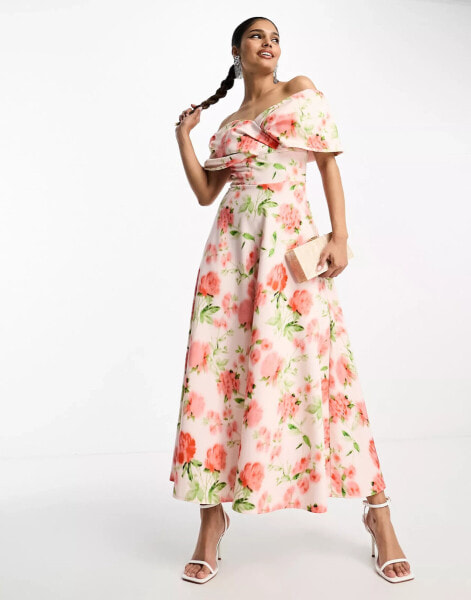 True Violet folded midi prom dress in peach floral print