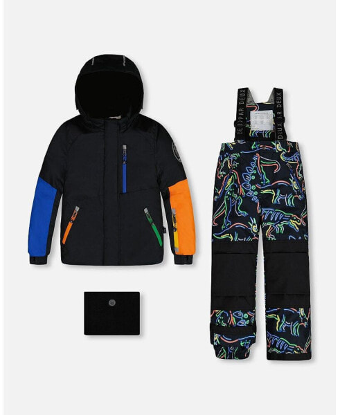 Big Boys Two Piece Snowsuit Black Printed Dinos