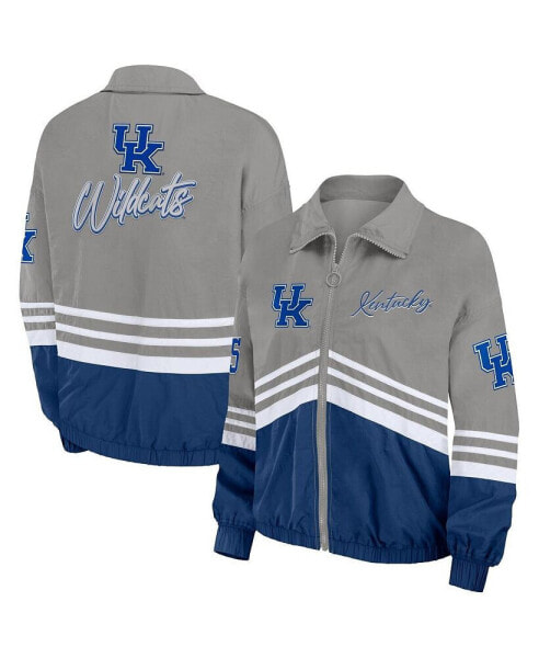 Women's Gray Distressed Kentucky Wildcats Vintage-Like Throwback Windbreaker Full-Zip Jacket