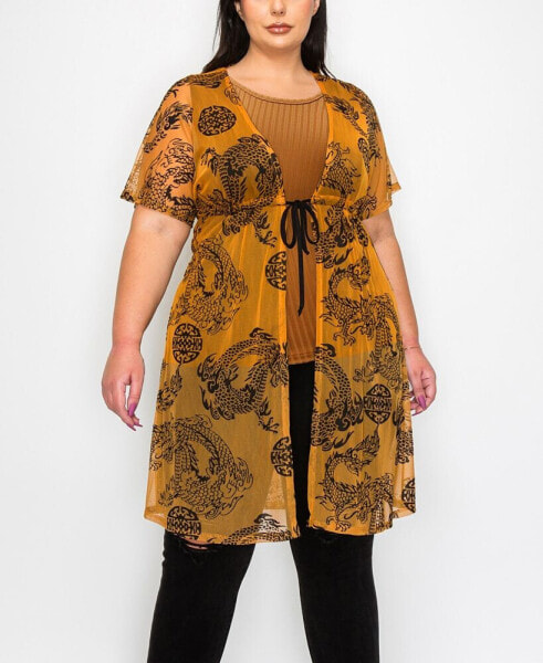 Plus Size Dragon Print Mesh Tie Front Short Sleeve Kimono Top