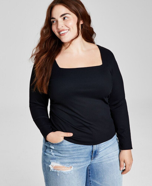 Trendy Plus Size Square-Neck Long-Sleeve Top