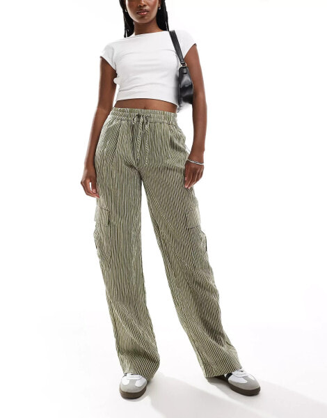 Bershka utility pocket tie waist wide leg trousers in khaki stripe