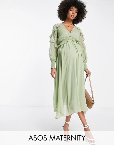 ASOS DESIGN maternity midi dress with embroidery and lace trim detail in sage