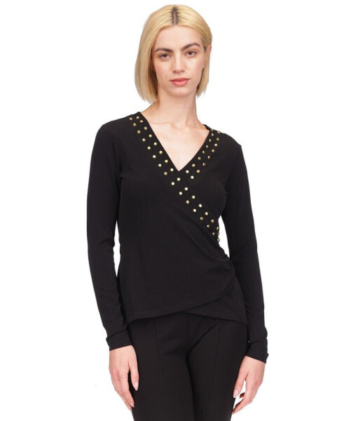 MICHAEL Women's Astor Studded Faux-Wrap Top