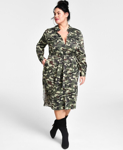 Trendy Plus Size Printed Satin Shirtdress