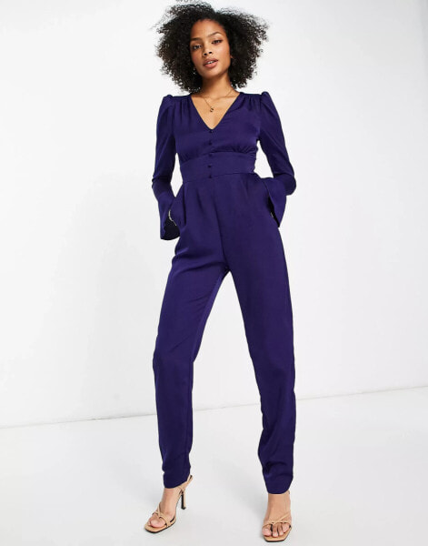 Little Mistress flared sleeve jumpsuit in blue