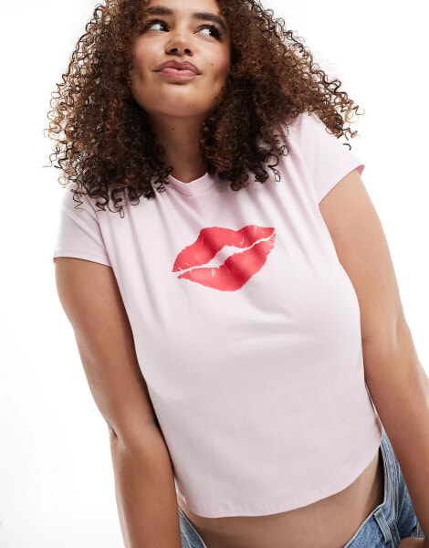 ASOS DESIGN Curve baby tee with red kiss graphic in pink