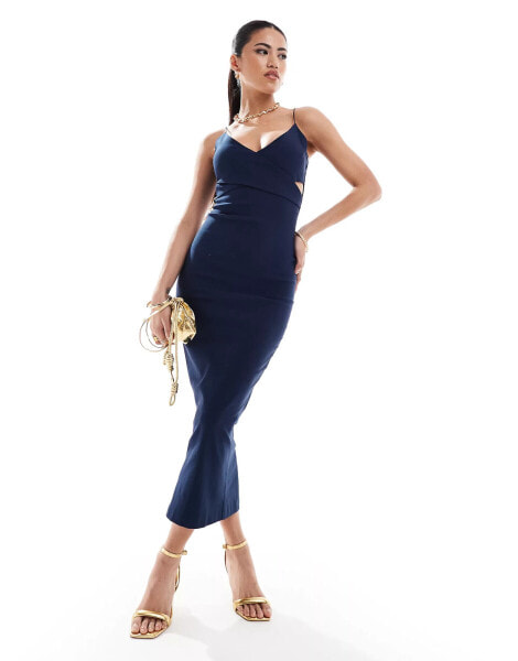 Vesper plunge spaghetti strap cut out midaxi dress in navy