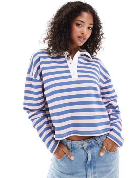 ASOS DESIGN striped rugby sweatshirt polo in pink