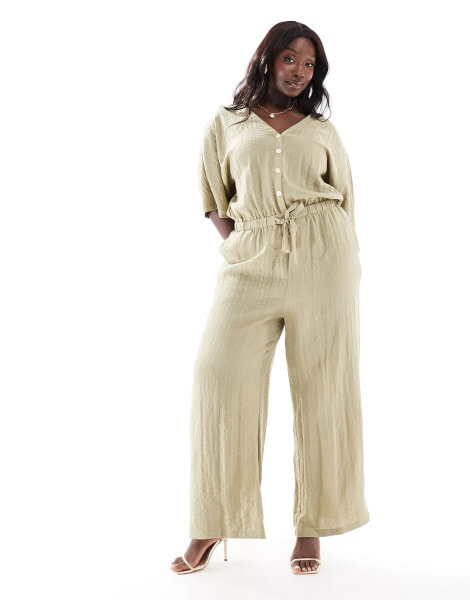 Pretty Lavish Curve balloon sleeve shirred jumpsuit in olive