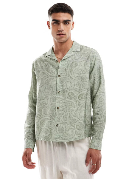 ASOS DESIGN boxy relaxed revere shirt with paisley print in sage