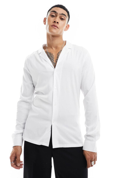 ASOS DESIGN muscle fit deep revere collar shirt in white