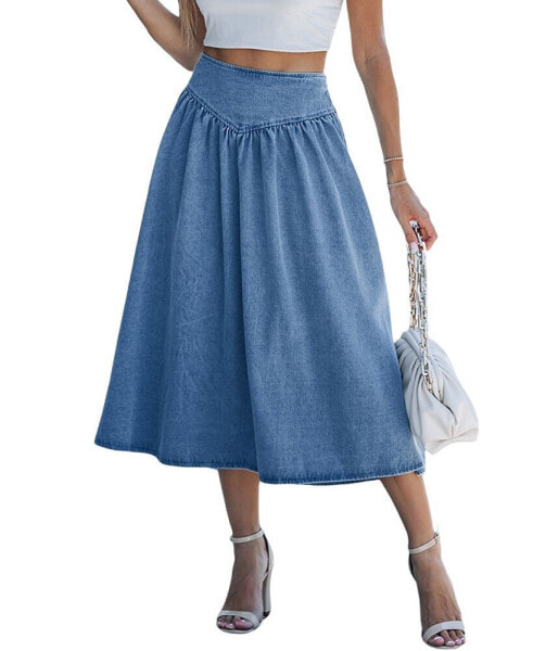 Women's Basque Waist Denim Midi Skirt