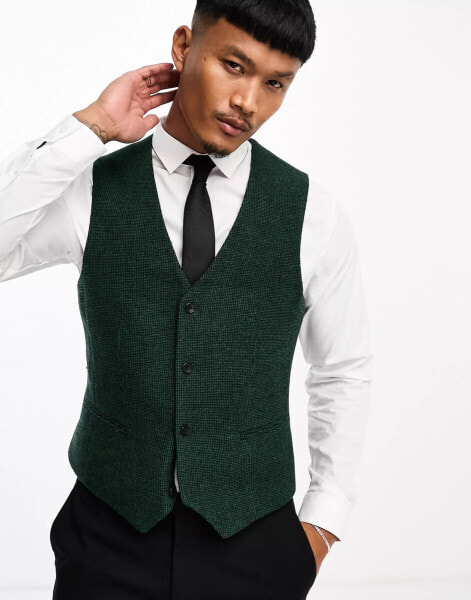 ASOS DESIGN wedding super skinny wool mix waistcoat in dark green puppytooth