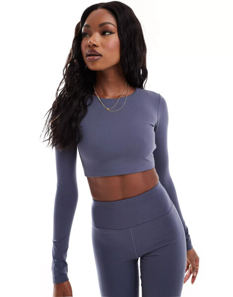 ASOS 4505 Studio soft touch long sleeve open back top in slate blue