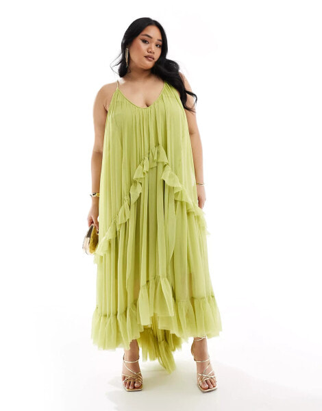 ASOS DESIGN Curve scoop neck trapeze maxi dress with frill in olive green