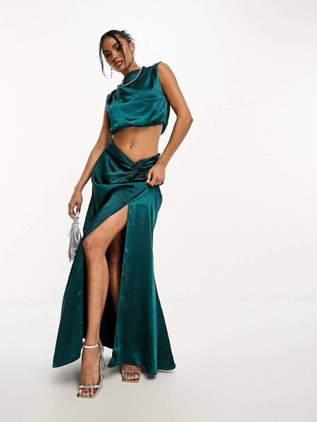 In The Style exclusive satin twist front maxi skirt co-ord in teal