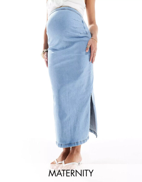 Mamalicious Maternity over the bump denim skirt with side splits in mid wash blue