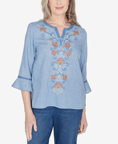 Petite Scottsdale Center Embroidered Split Neck Top