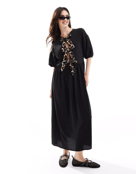 ASOS DESIGN puff sleeve tie front maxi dress in black