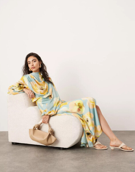 ASOS EDITION satin volume blouson sleeve satin midi dress in large floral print