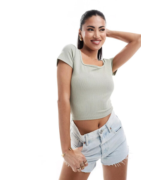 Hollister square neck ribbed t-shirt in green