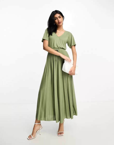 ASOS DESIGN v neck tie waist pleat midi dress in sage