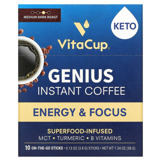 Genius Instant Coffee, Medium Roast, 10 On-The-Go Sticks, 0.13 oz (3.8 g) Each