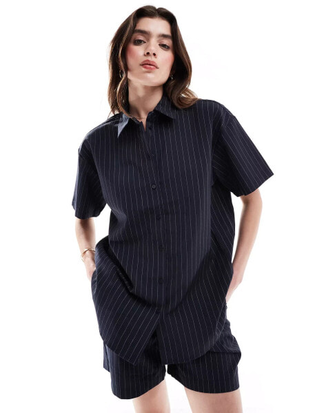 JDY oversized boxy pinstripe co-ord shirt in navy