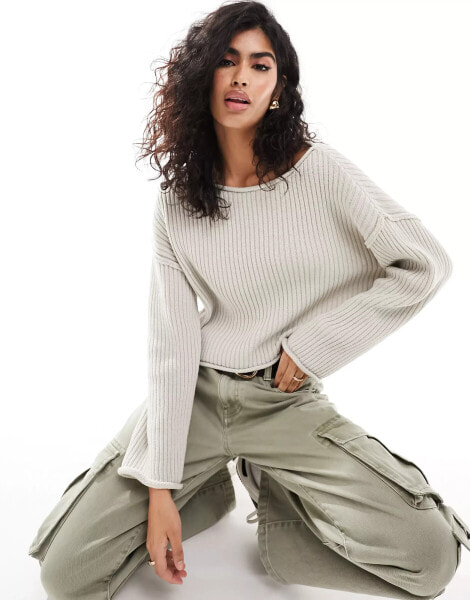 Pull&Bear slouchy neck boxy ribbed pullover in light grey