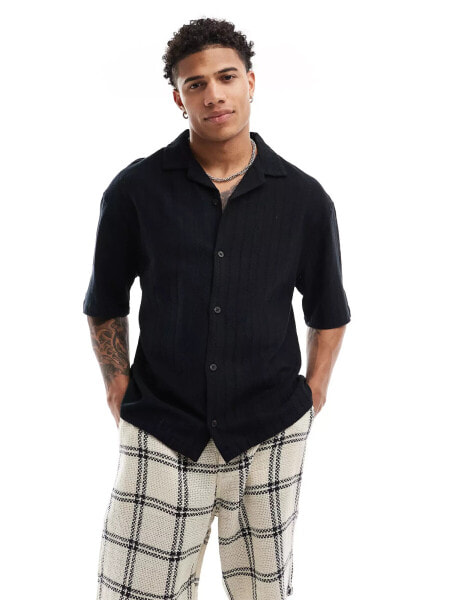 Pull&bear short sleeve textured shirt in black