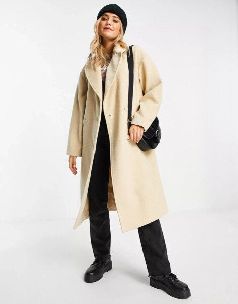 Pull&Bear oversized double breast peaked lapel coat in ecru