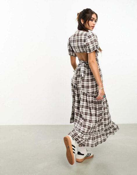 Reclaimed Vintage textured check shirring midi dress in brown