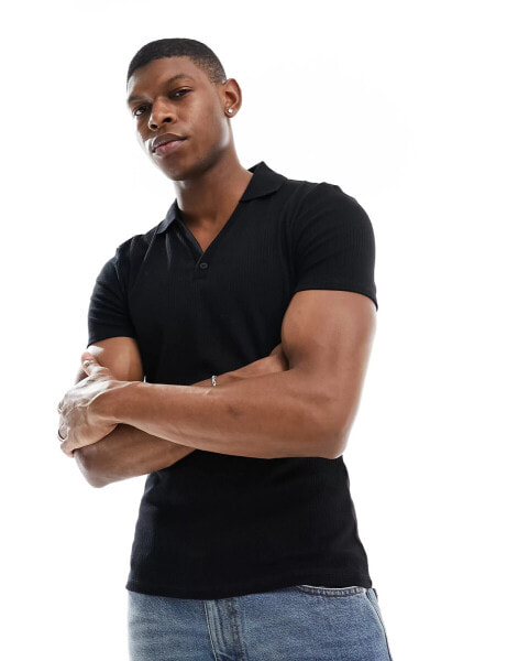 ASOS DESIGN muscle rib polo in black