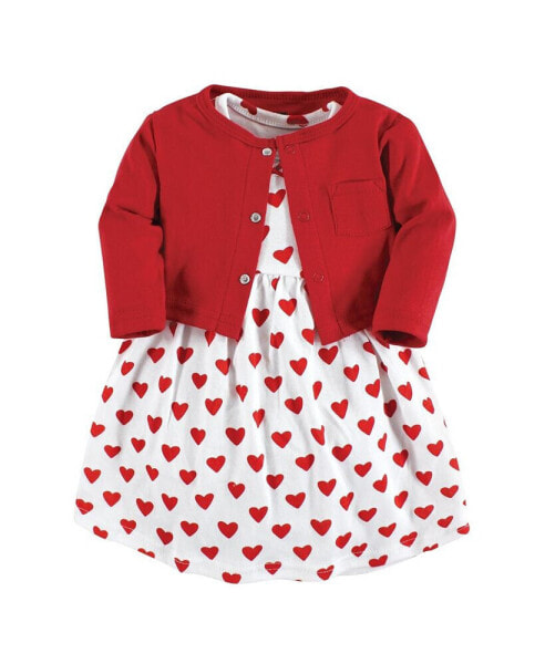 Toddler Girls Toddler|Child Cotton Dress and Cardigan Set, Red Hearts