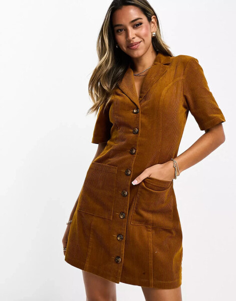 ASOS DESIGN button through cord mini dress in tobacco