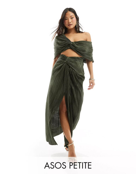 ASOS DESIGN Petite two in one fallen shoulder plisse maxi dress in khaki