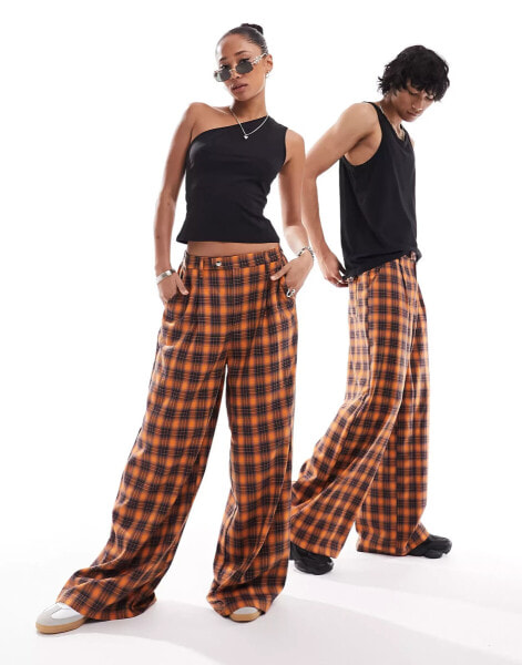 COLLUSION Unisex check wide leg trousers in orange