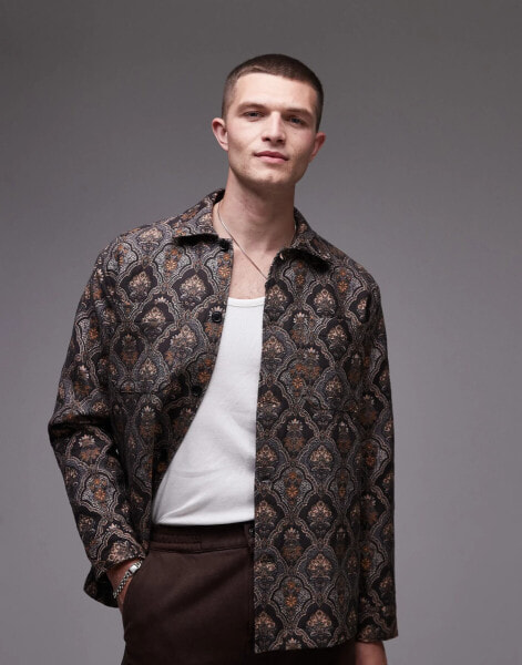 Selected Homme Overshirt in brown jacquard print