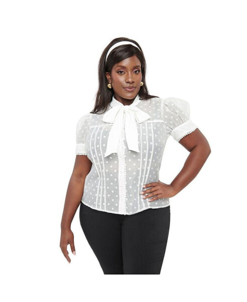 Plus Size 1940s Short Sleeve Tie Neck Blouse