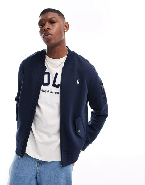 Polo Ralph Lauren icon logo double knit sweat bomber jacket in navy