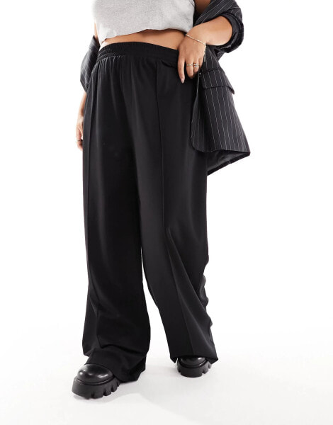 ASOS DESIGN Curve pull on slub wide leg trouser in black