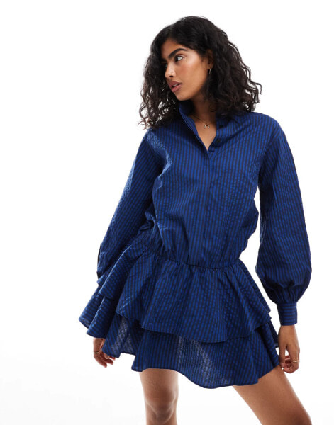 ASOS DESIGN mini shirt dress with ruffle hem skirt in navy stripe