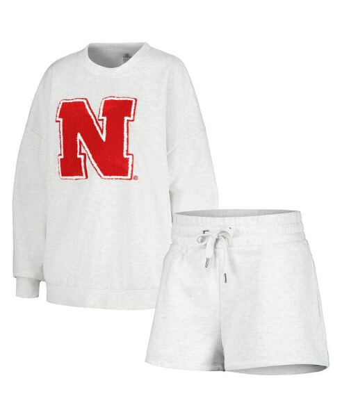 Women's Ash Nebraska Huskers Team Effort Pullover Sweatshirt and Shorts Sleep Set