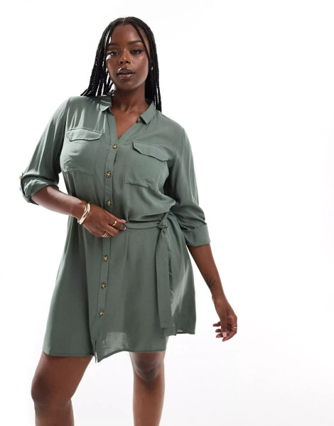 Vero Moda Curve mini shirt dress in khaki