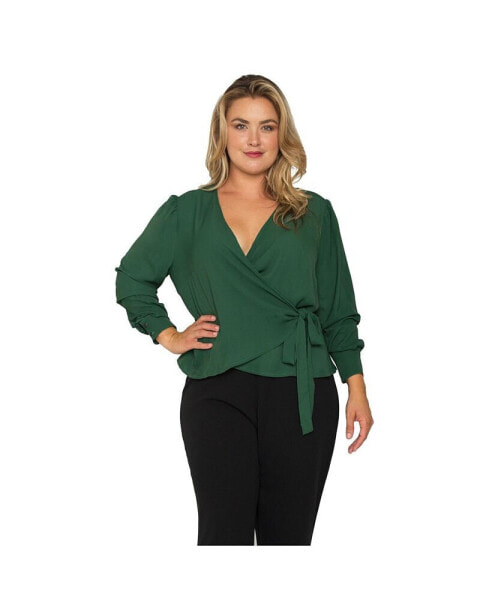 Plus Size Wrap Tie Long Sleeve Blouse