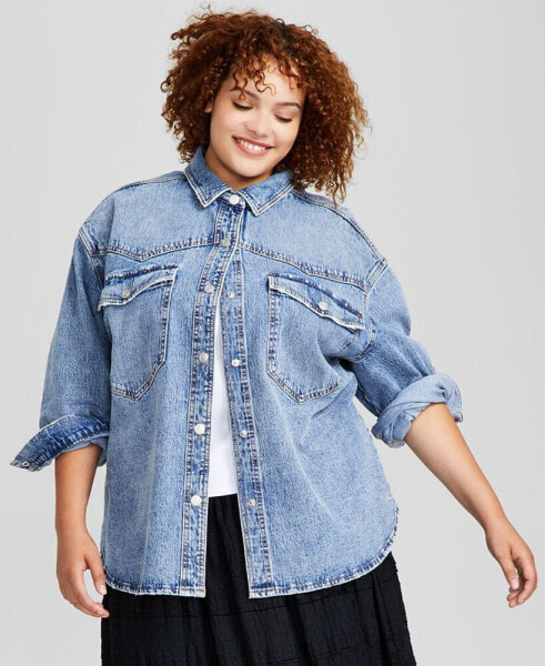 Trendy Plus Size Oversized Denim Shirt, Created for Macy's