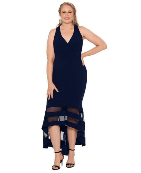 Plus Size Scuba-Crepe Illusion Hi-Lo Midi Dress