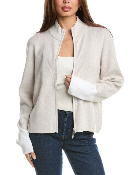 Forte Cashmere Contrast Trim Zip Mock Cardigan Women's Gold M