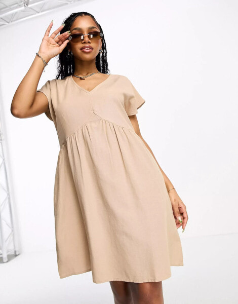 Pieces linen v-neck mini dress in beige